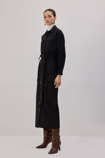 Abito chemisier cargo lungo nero in cotone