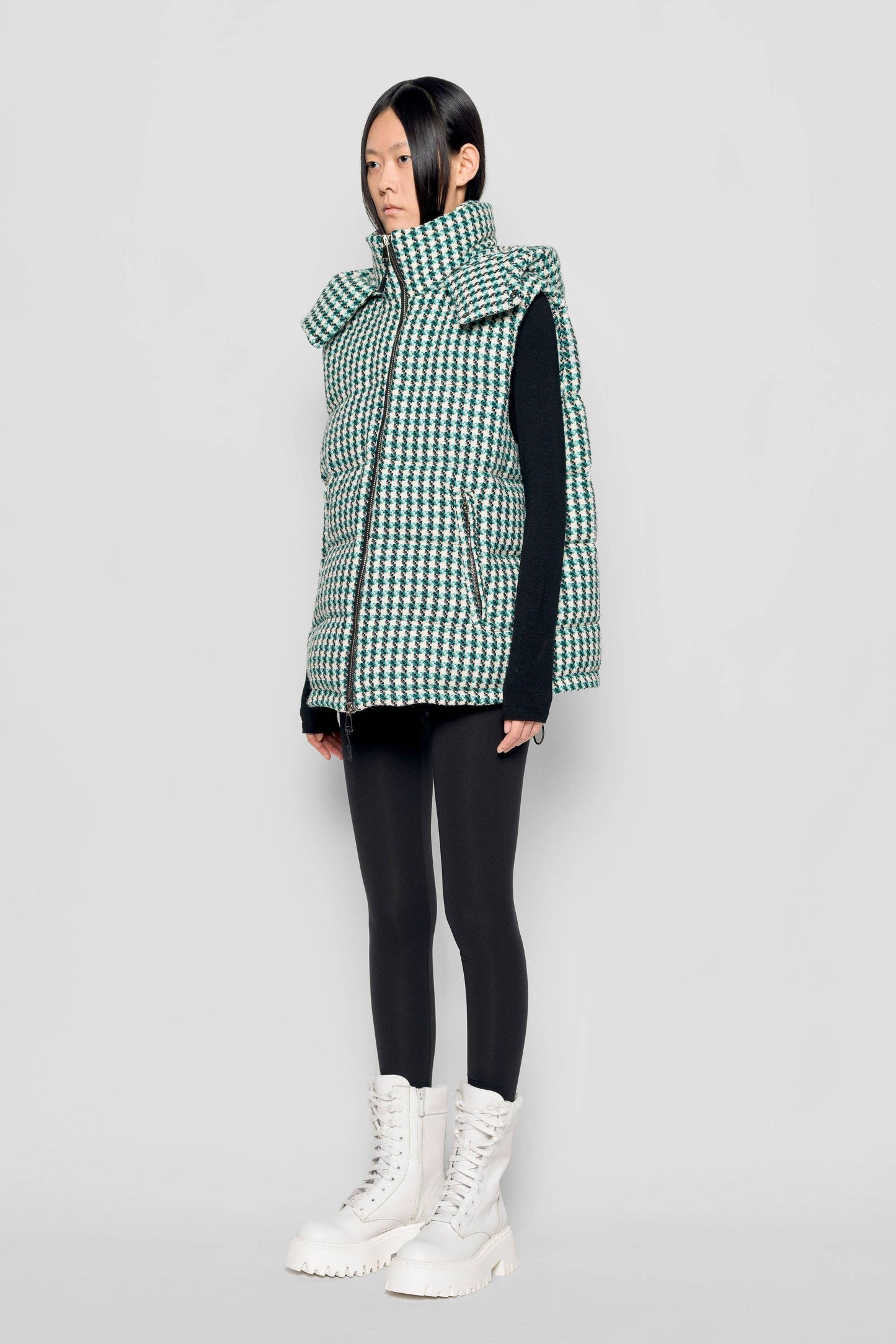 Gilet imbottito tweed con cappuccio rimovibile