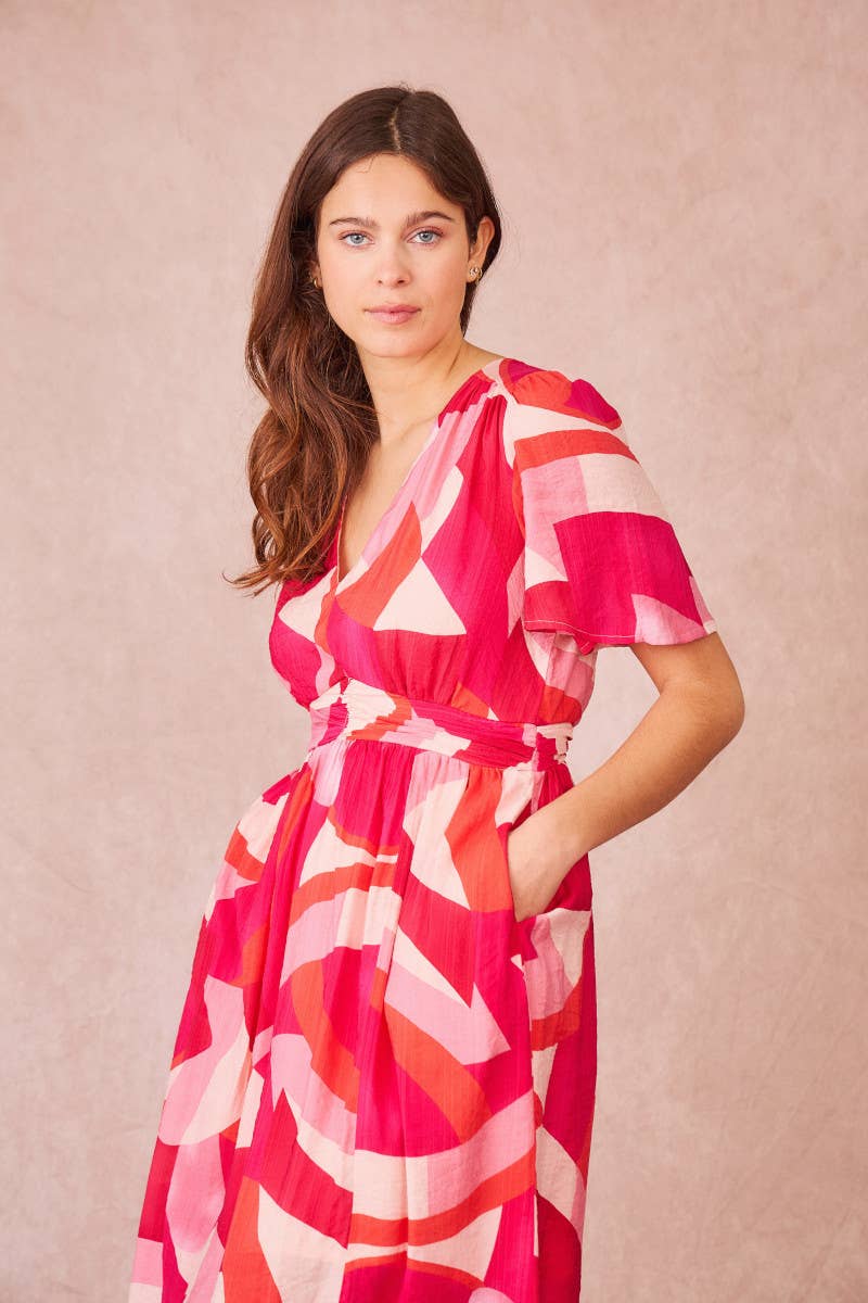 Vestito midi ELIAN con stampa astratta e scollo a V