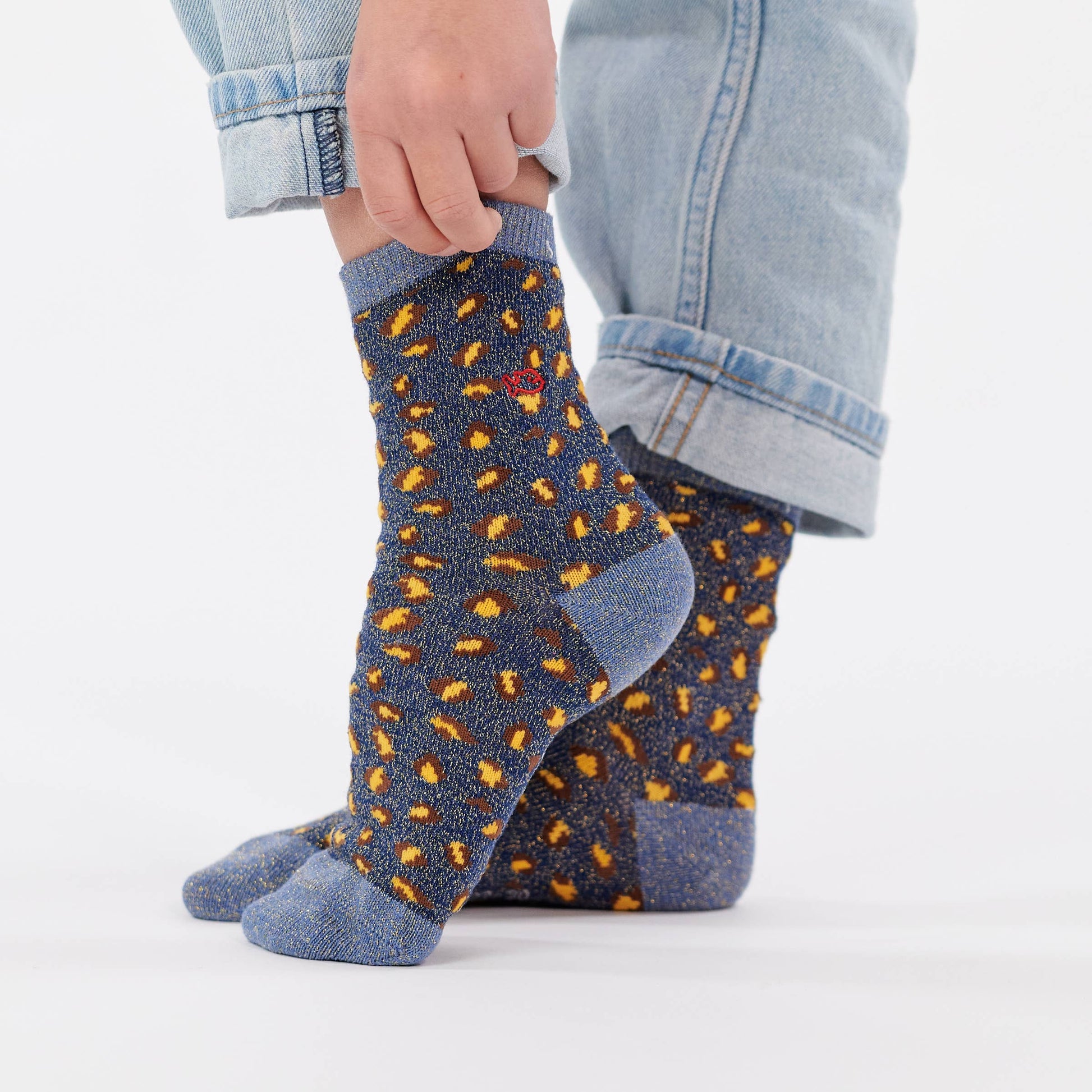 Calzini bambina leopardati glitter blu marino