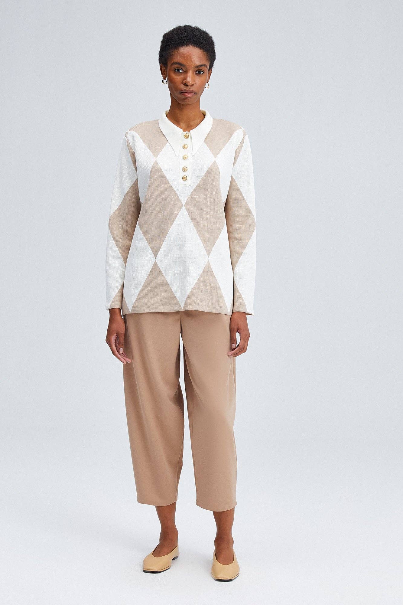 Tunica in maglia con colletto polo a rombi