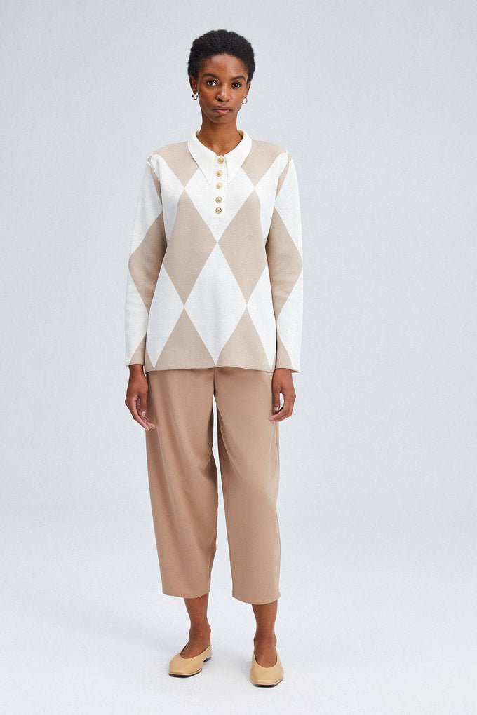 Tunica in maglia con colletto polo a rombi