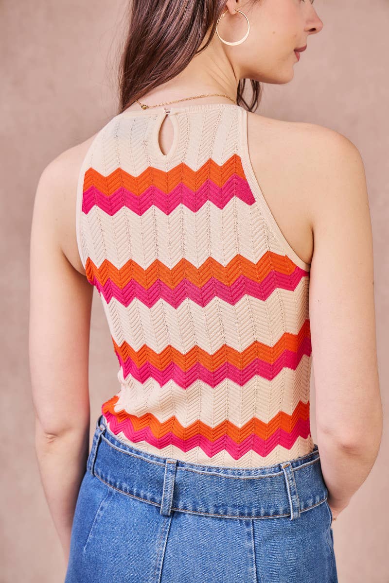 Top in maglia senza maniche a righe zigzag