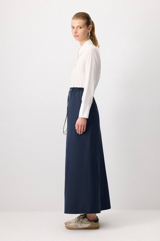 Gonna lunga blu navy con vita elasticizzata e coulisse