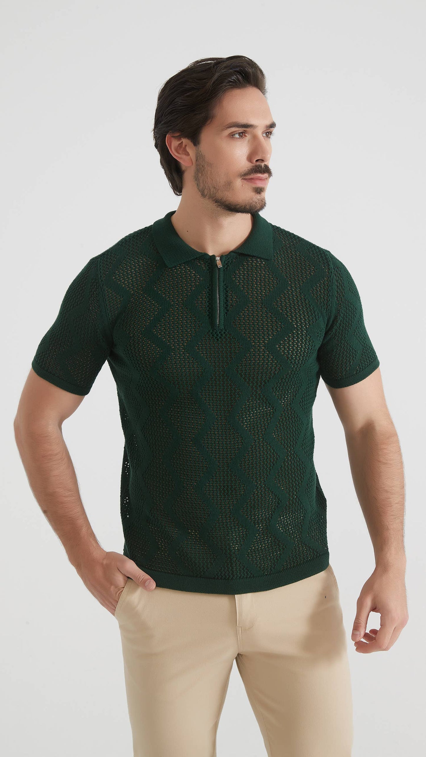 Polo in cotone con zip verde kaki