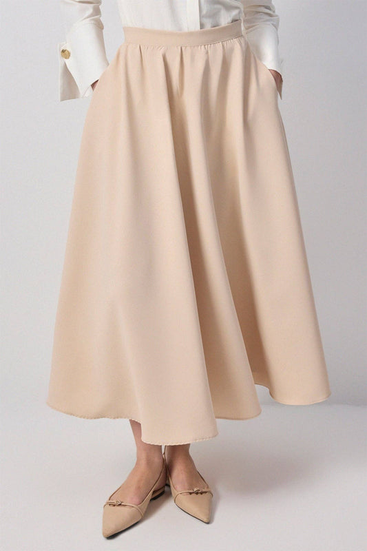 Gonna midi a trapezio in crepe beige fluido
