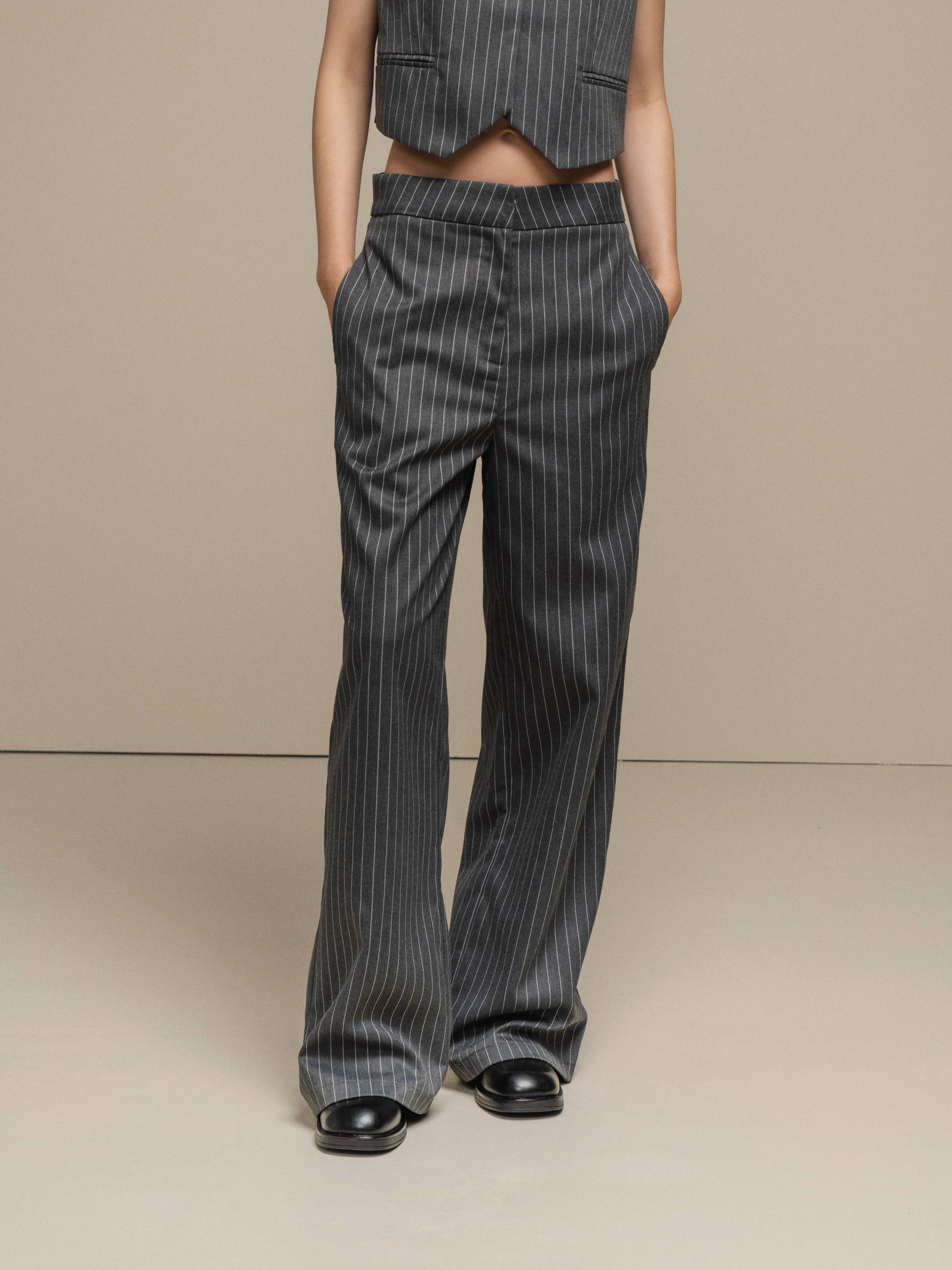 Pantaloni gessati a vita alta in misto poliestere stretch