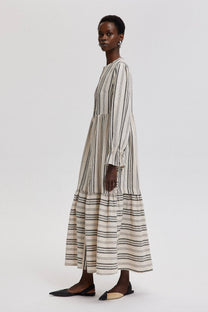 Abito chemisier maxi a righe in cotone con polsini arricciati