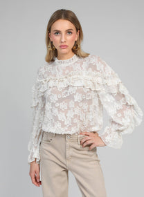 Camicia Soely écru in jacquard trasparente con volant