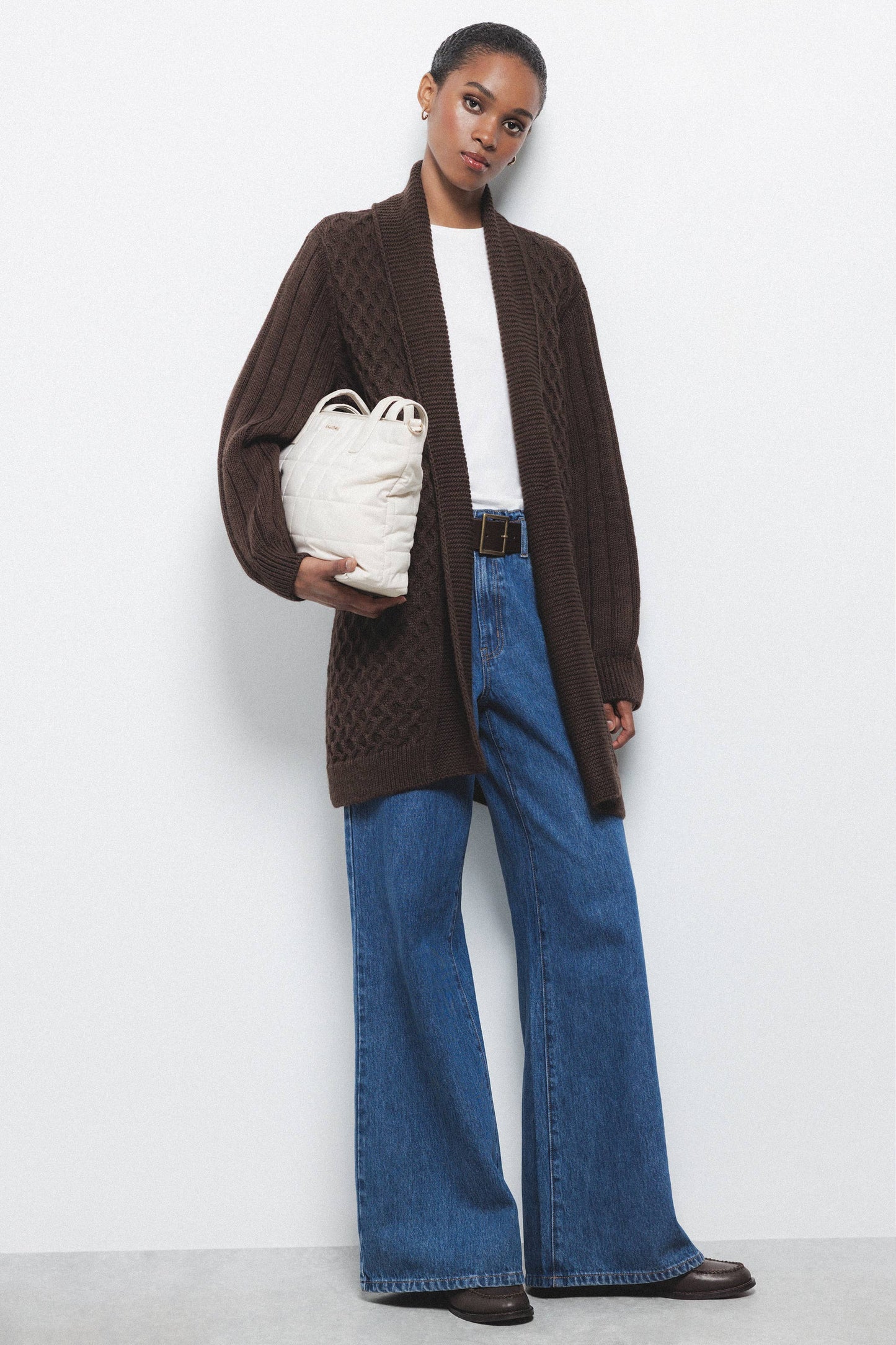 Cardigan lungo in maglia strutturata con collo a scialle