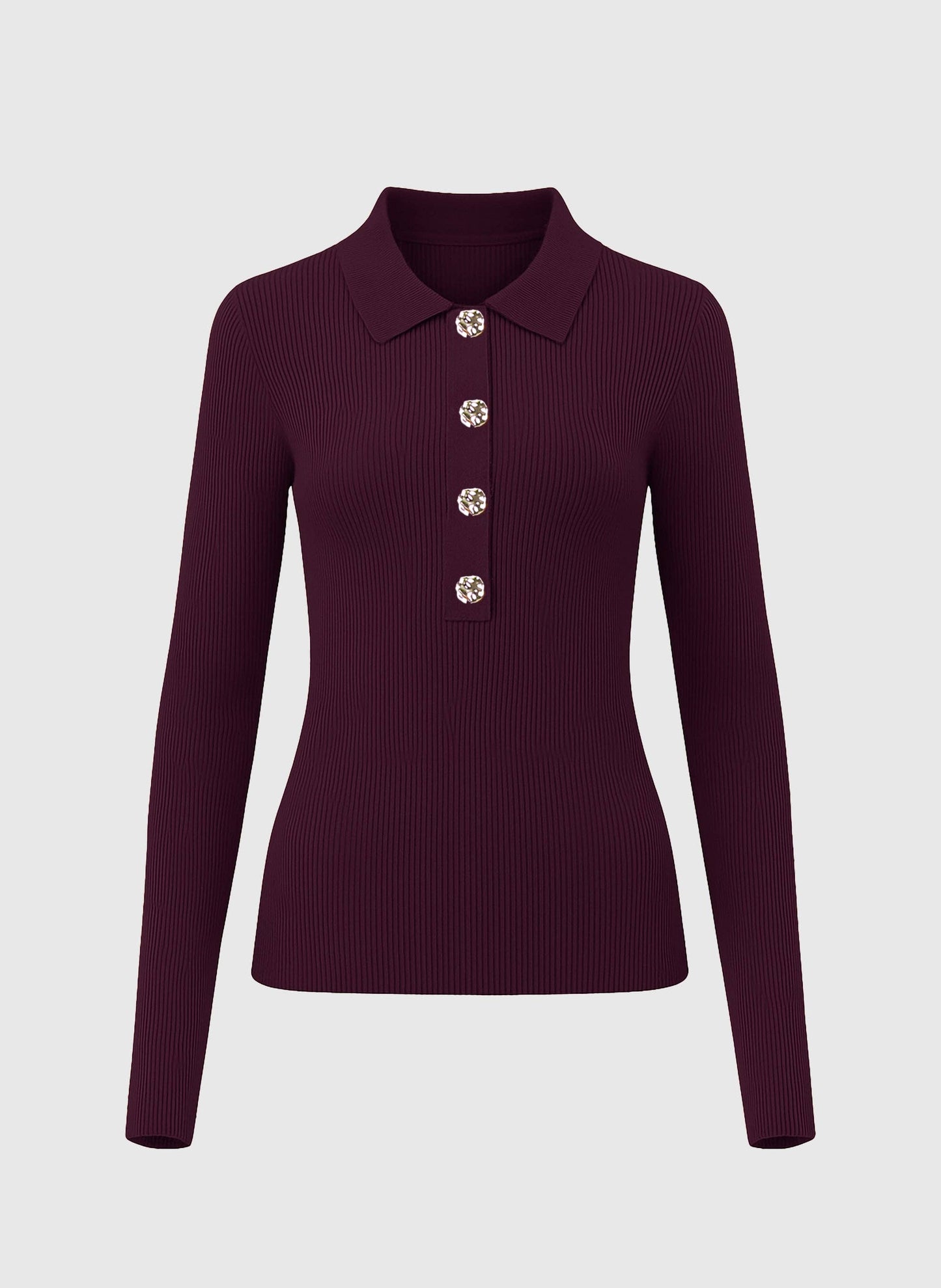 Maglione a coste con collo polo color vino
