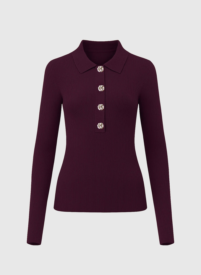 Maglione a coste con collo polo color vino