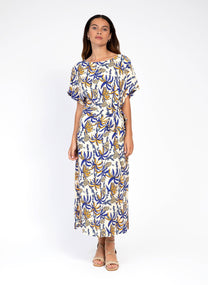 Abito midi Meloty con stampa blu e cintura annodata
