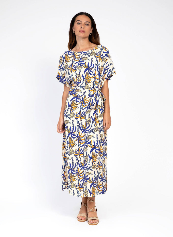 Abito midi Meloty con stampa blu e cintura annodata