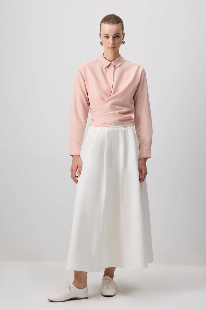 Camicia avvolgente in popeline misto cotone rosa