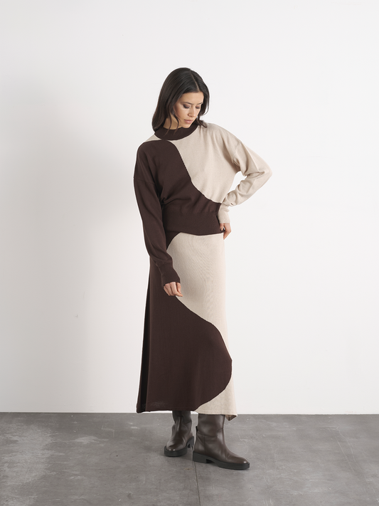 Set maglia e gonna lunga bicolore in maglia