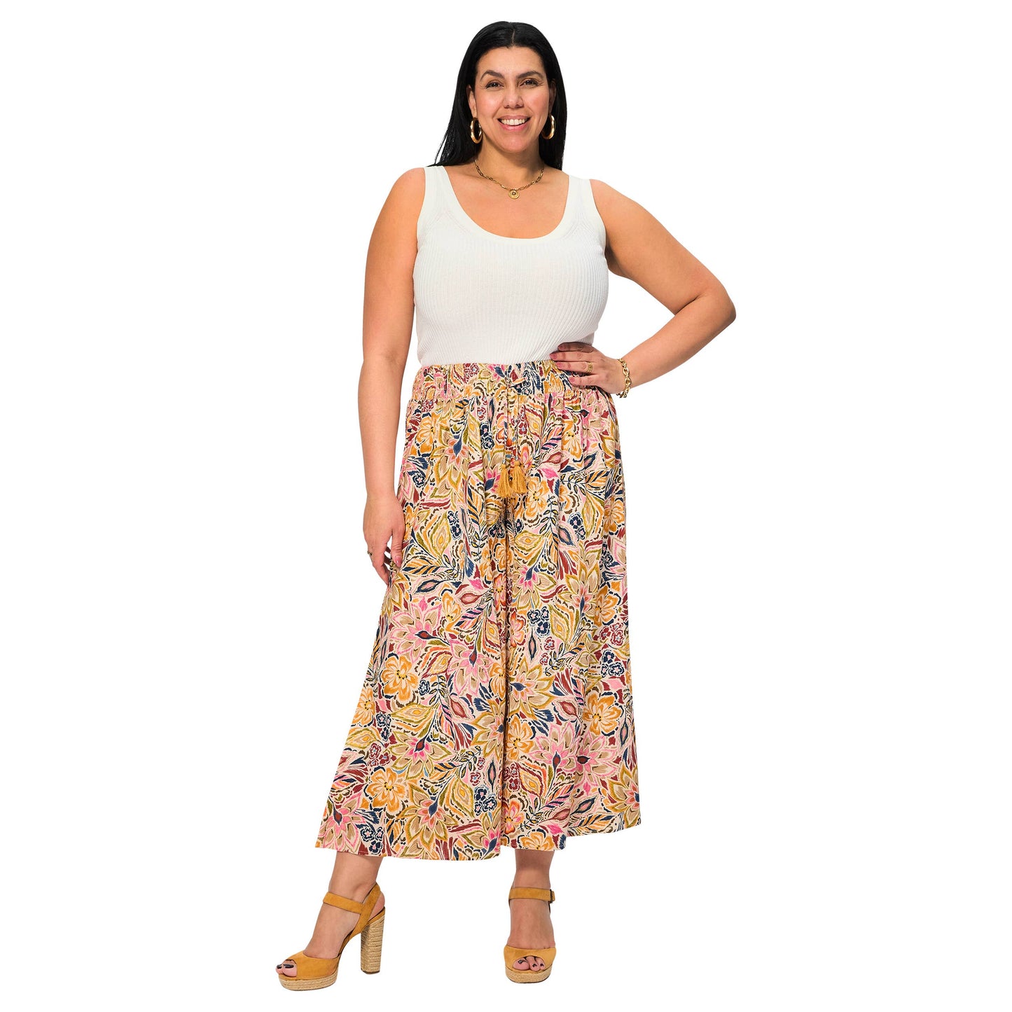Pantaloni estivi lunghi a palazzo in cotone con fantasia floreale