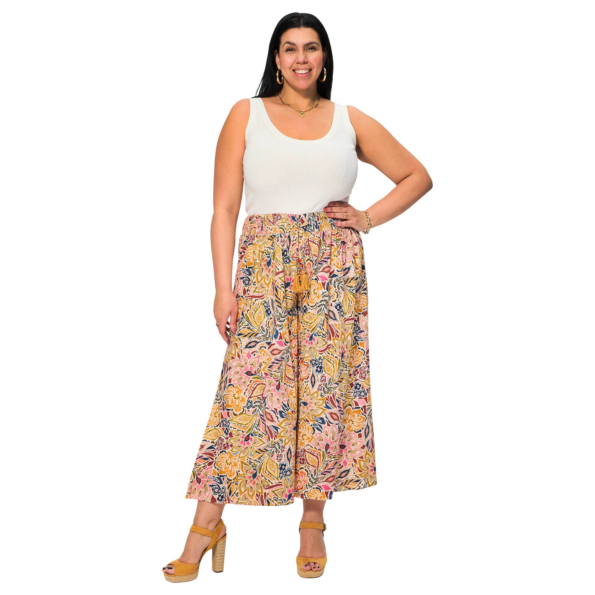 Pantaloni estivi lunghi a palazzo in cotone con fantasia floreale