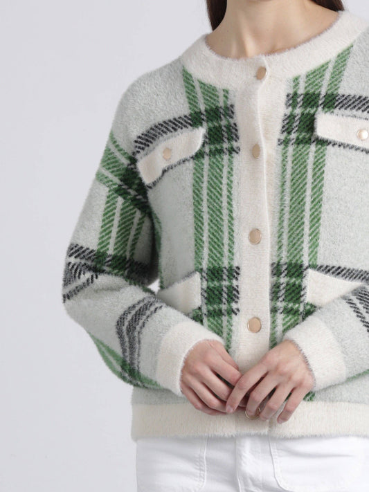 Cardigan in maglia a quadri con bottoni e tasche