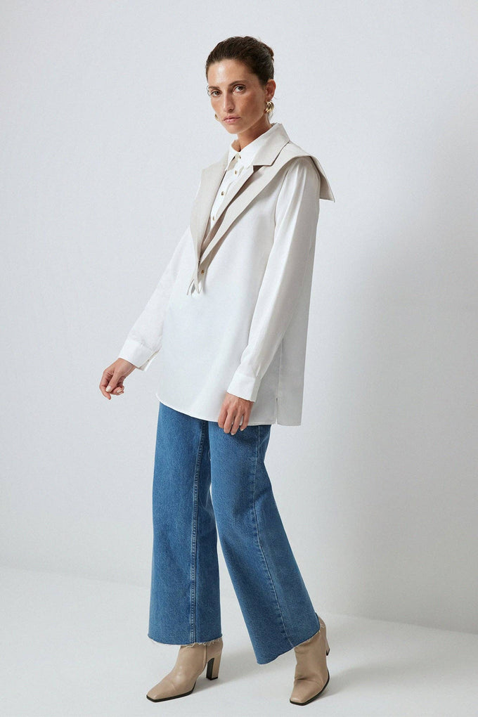 Camicia in popeline bicolor con maxi colletto e dettaglio a falda