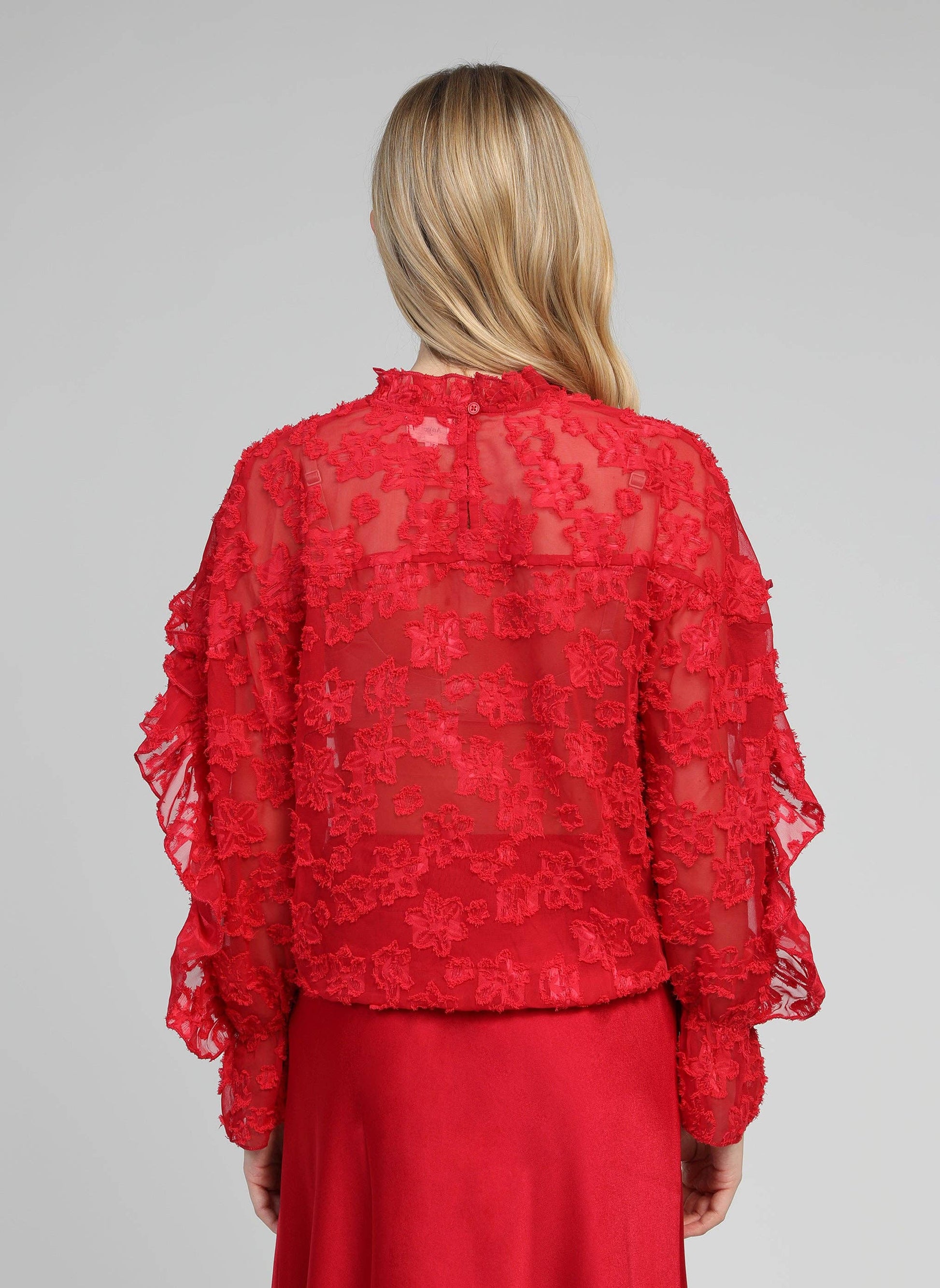 Blusa Soely rossa trasparente jacquard con volant