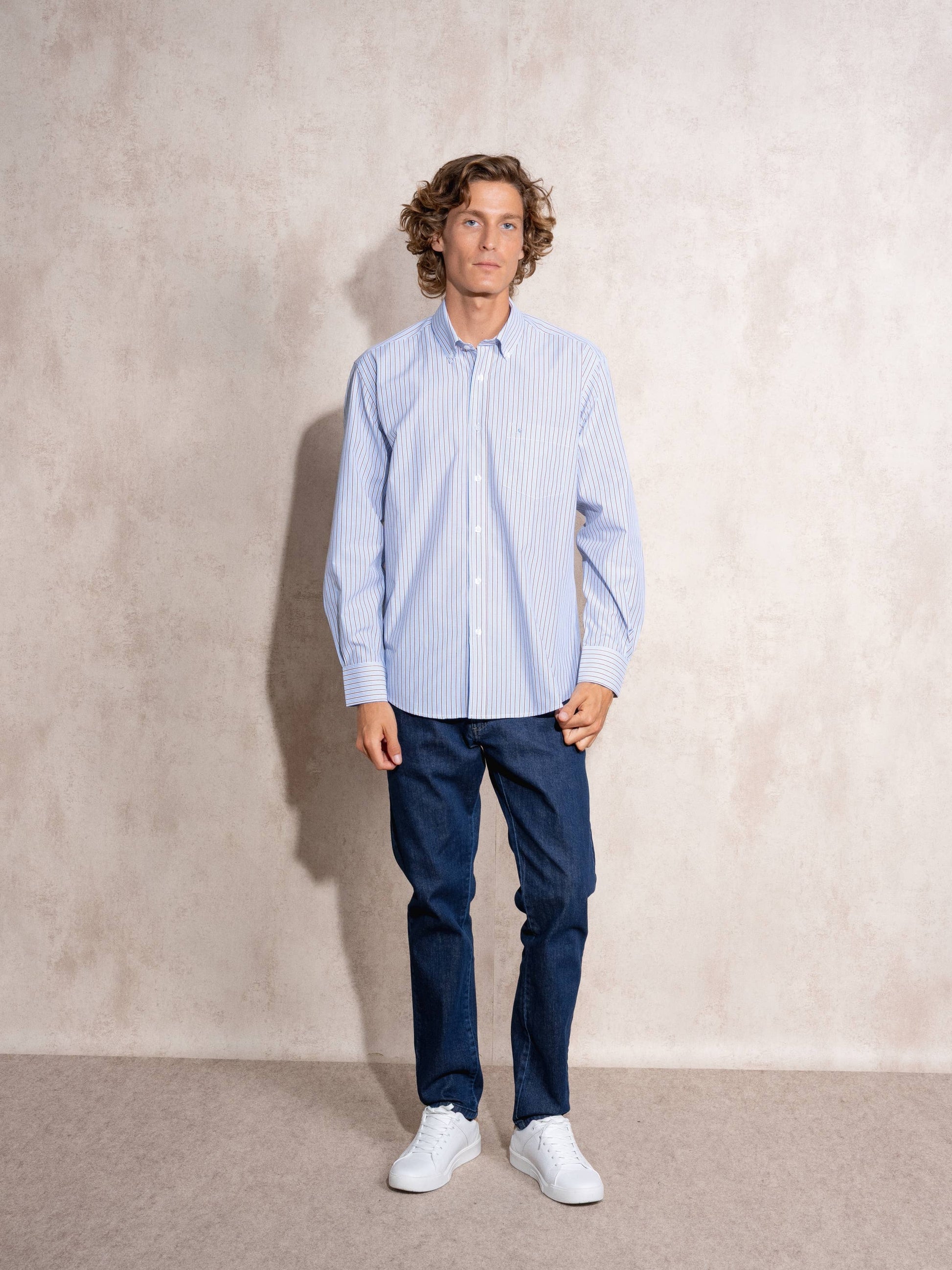 Camicia uomo a righe blu in cotone misto