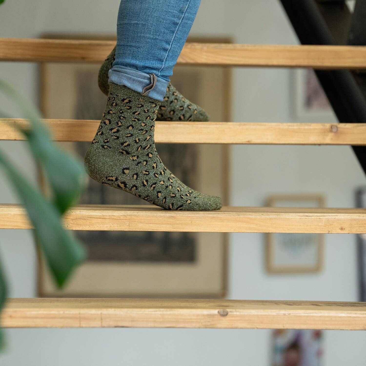 Calzini alla caviglia in cotone pettinato leopardati glitter khaki
