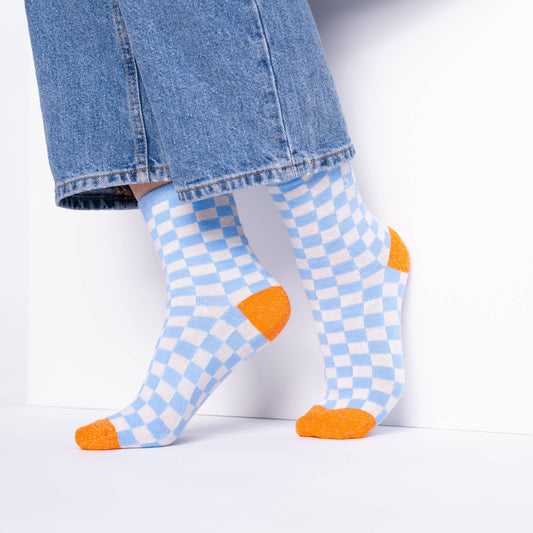 Calzini a quadri in cotone pettinato azzurro e beige