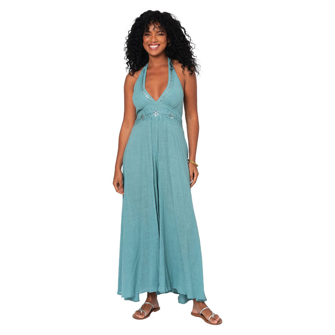 Tuta lunga estiva halter in cotone con schiena scoperta