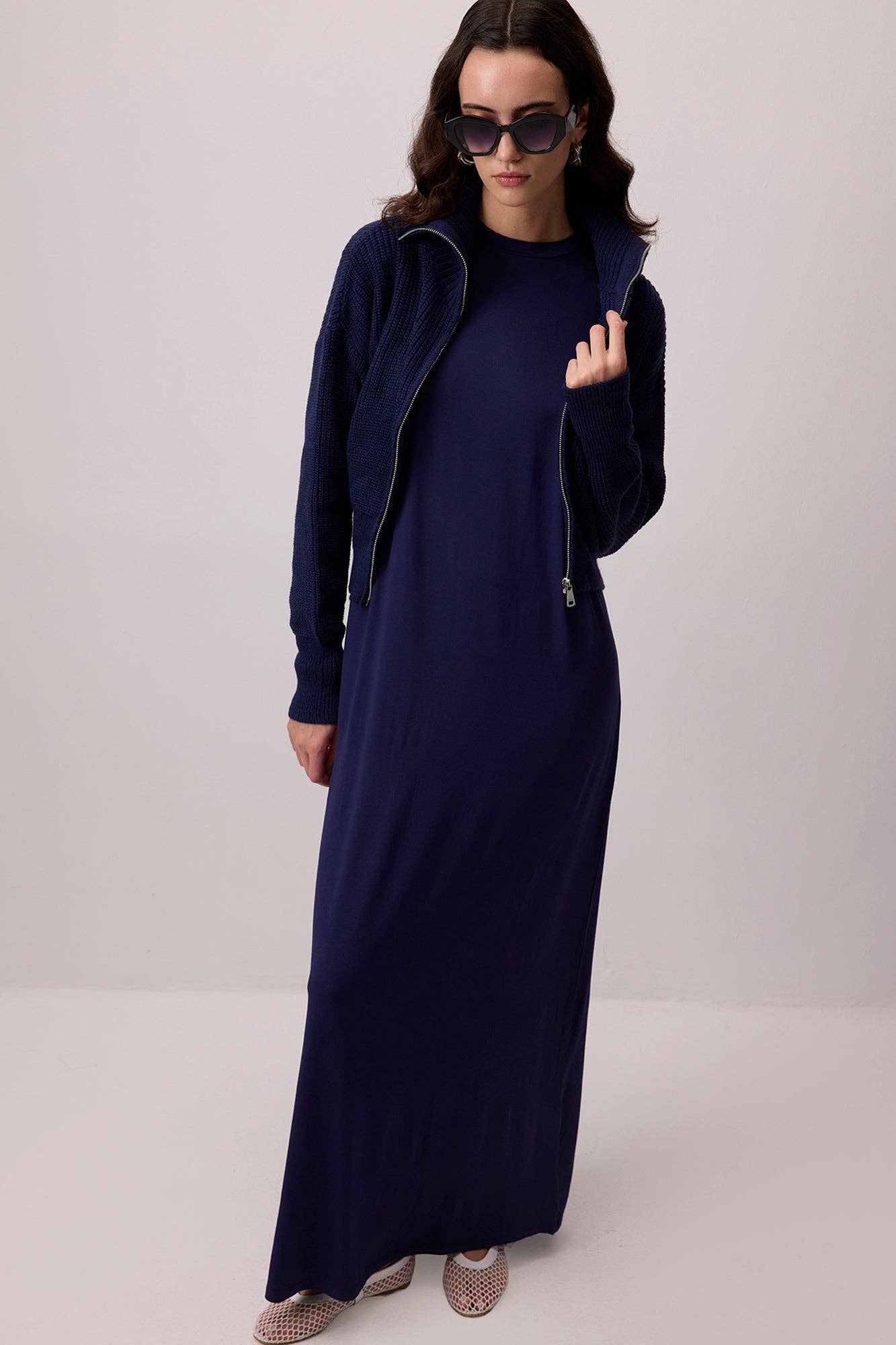 Abito lungo in viscosa blu navy a maniche lunghe