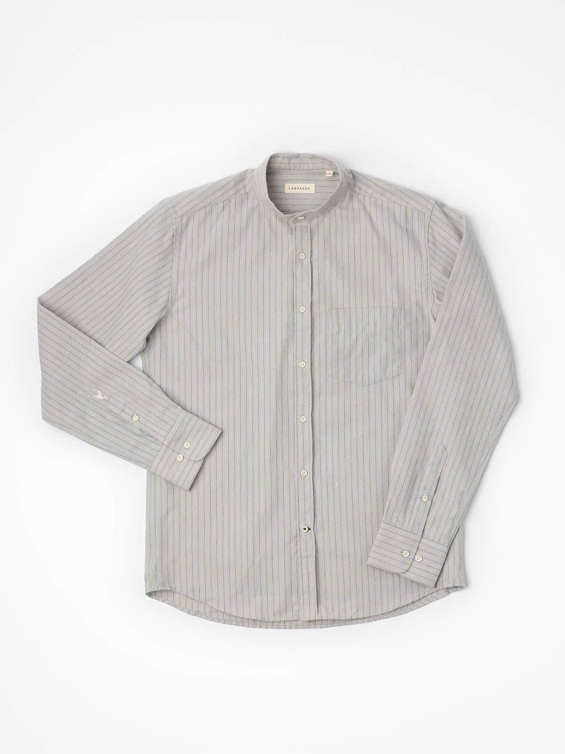 Camicia in flanella grigia a righe con collo alla coreana