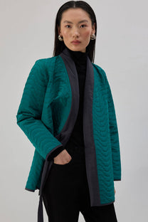 Giacca kimono trapuntata verde con cintura