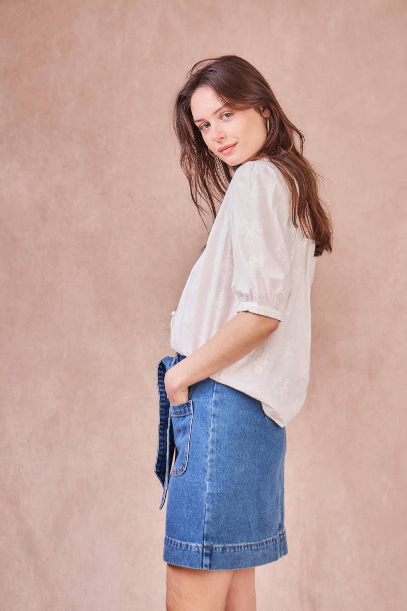 Gonna denim in cotone a vita alta con cintura