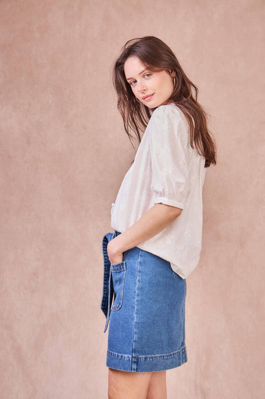 Gonna denim in cotone a vita alta con cintura