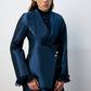 Completo donna blu navy con giacca asimmetrica e pantaloni palazzo