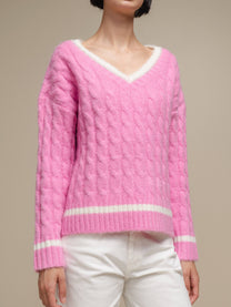 Maglione donna a trecce con scollo a V