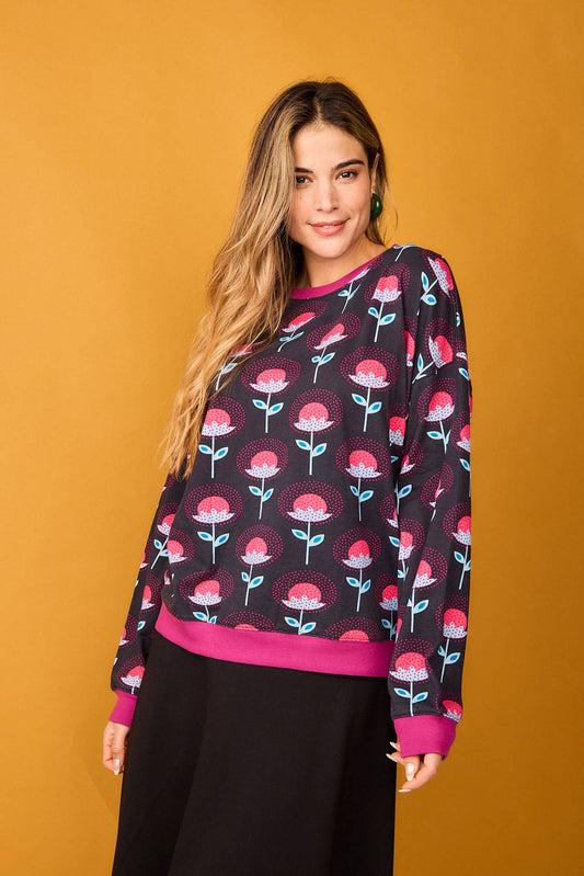 Felpa rosa con stampa frutti e fiori