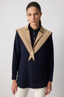 Tunica bicolor con maxi colletto in misto cotone