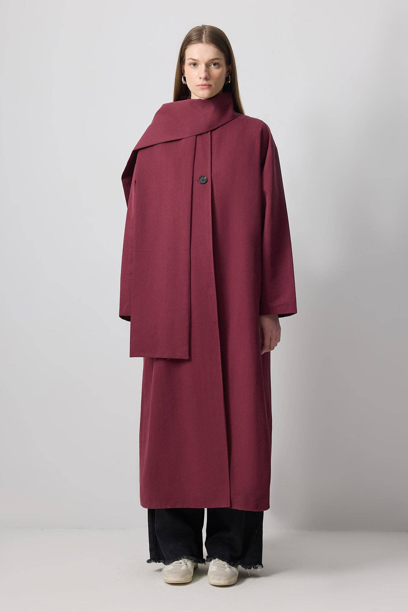 Trench coat lungo con sciarpa in misto cotone