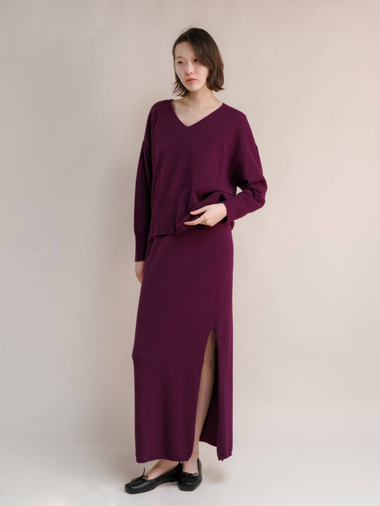 Gonna lunga a vita alta in misto cashmere con spacco laterale in maglia 3D