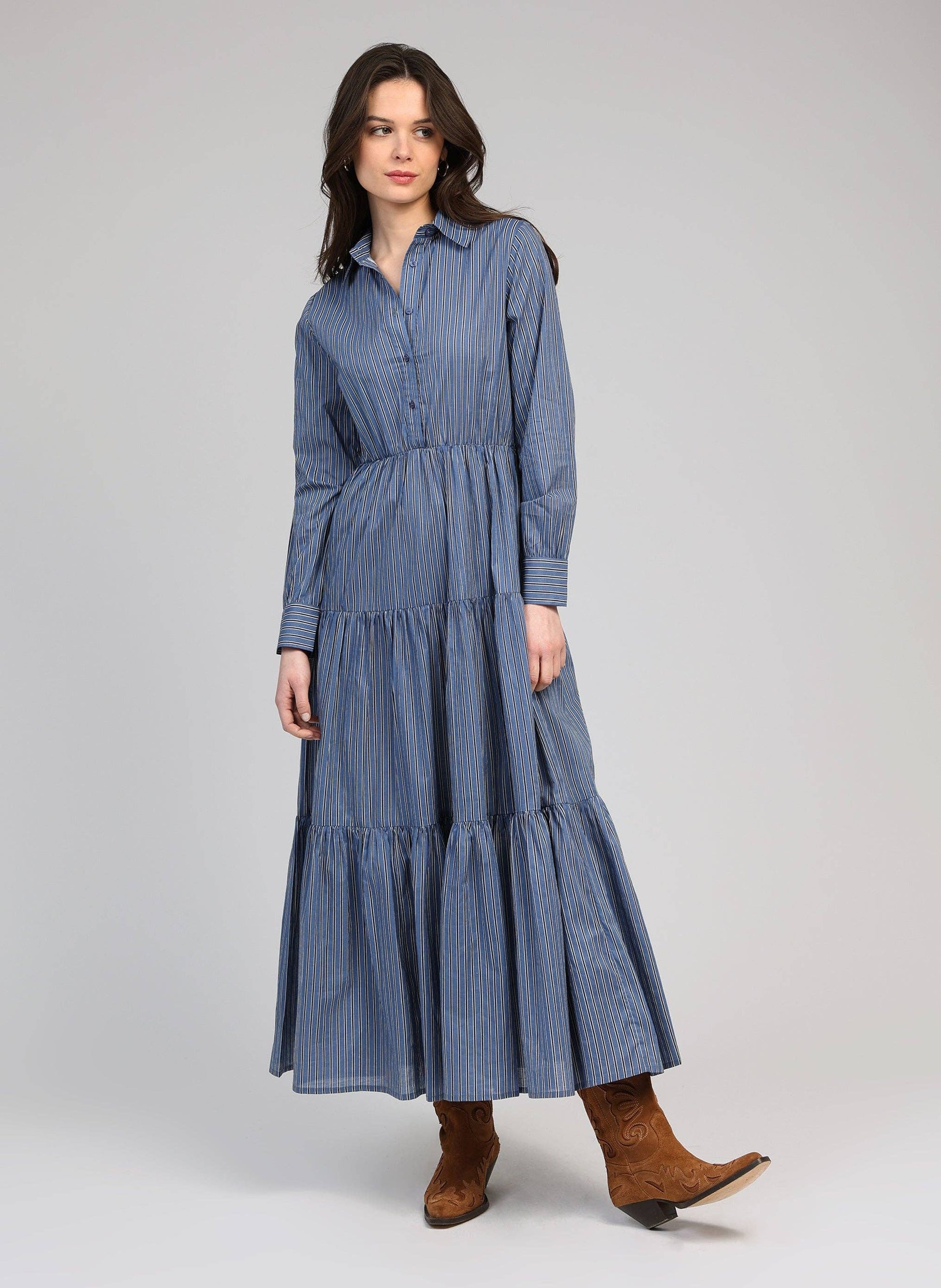 Vestito lungo chemisier a righe indigo