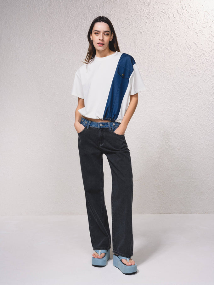 T-shirt corta oversize color block con tasca decorativa