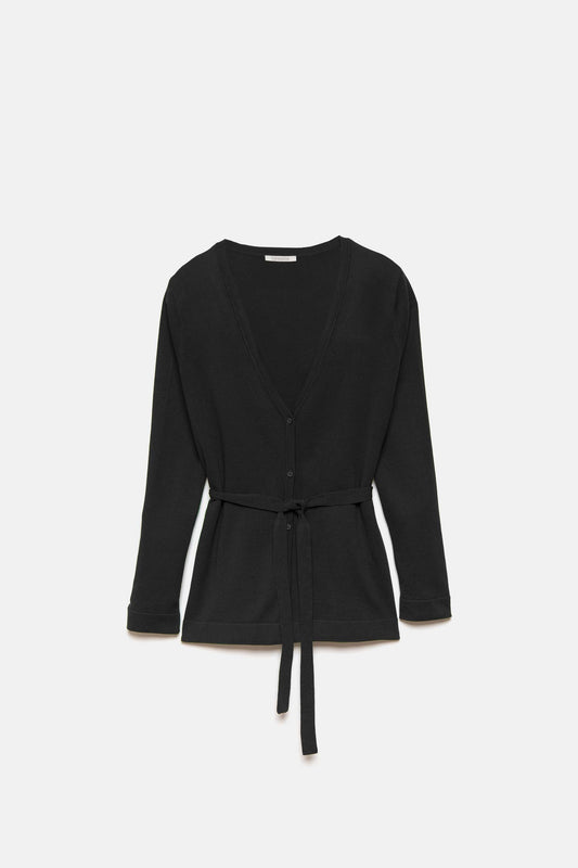 Cappotto cardigan in maglia liscia con cintura