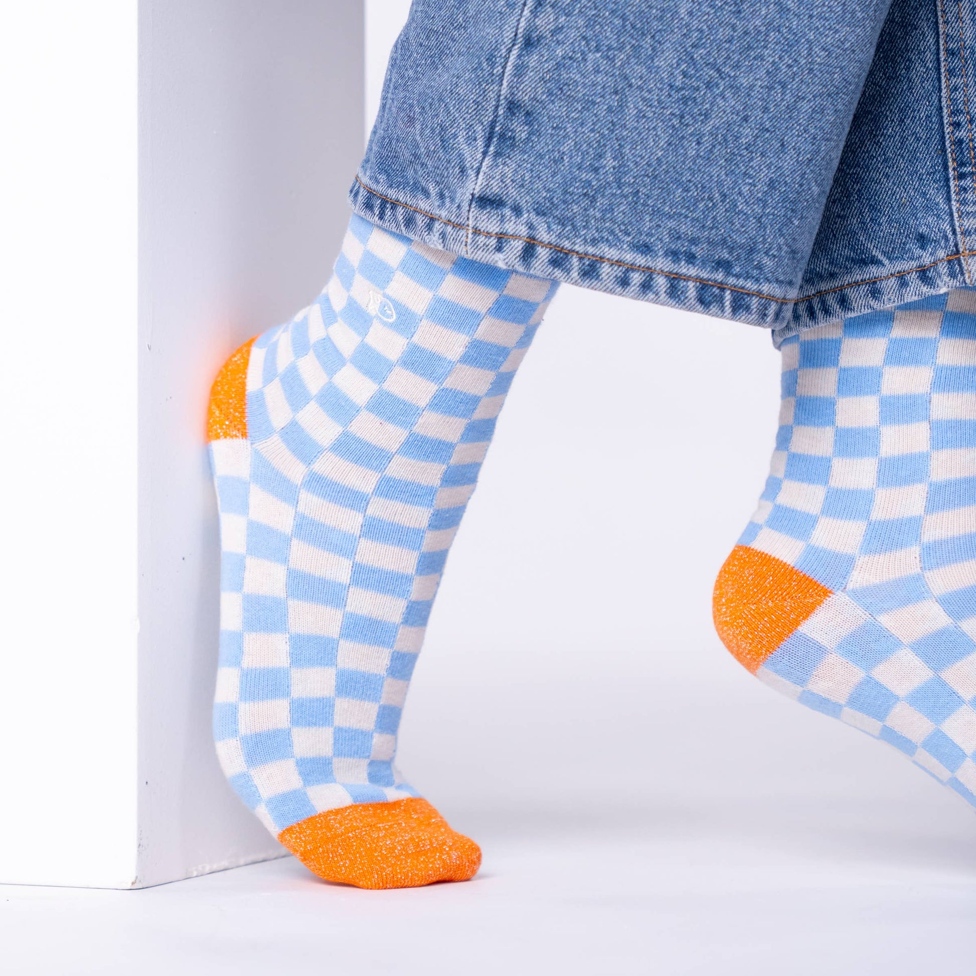Calzini a quadri in cotone pettinato azzurro e beige