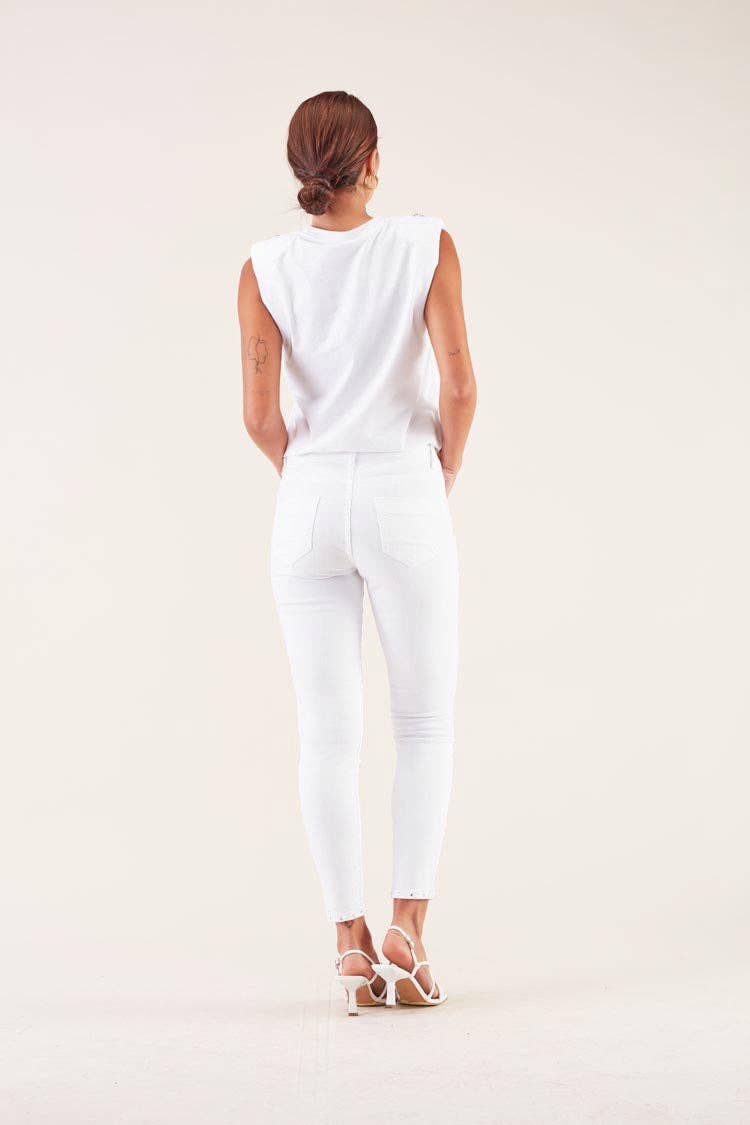 Pantaloni bianchi skinny con stampa transfer