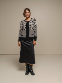 Cardigan donna in maglia jacquard animalier bicolore