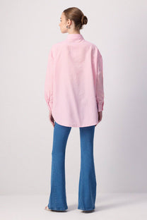 Camicia oversize a righe in misto cotone rosa