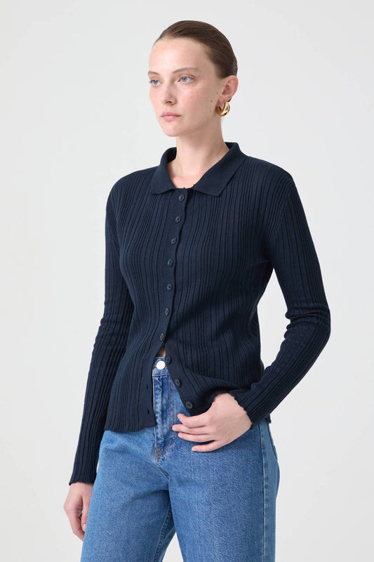 Body in maglia a coste con scollo polo