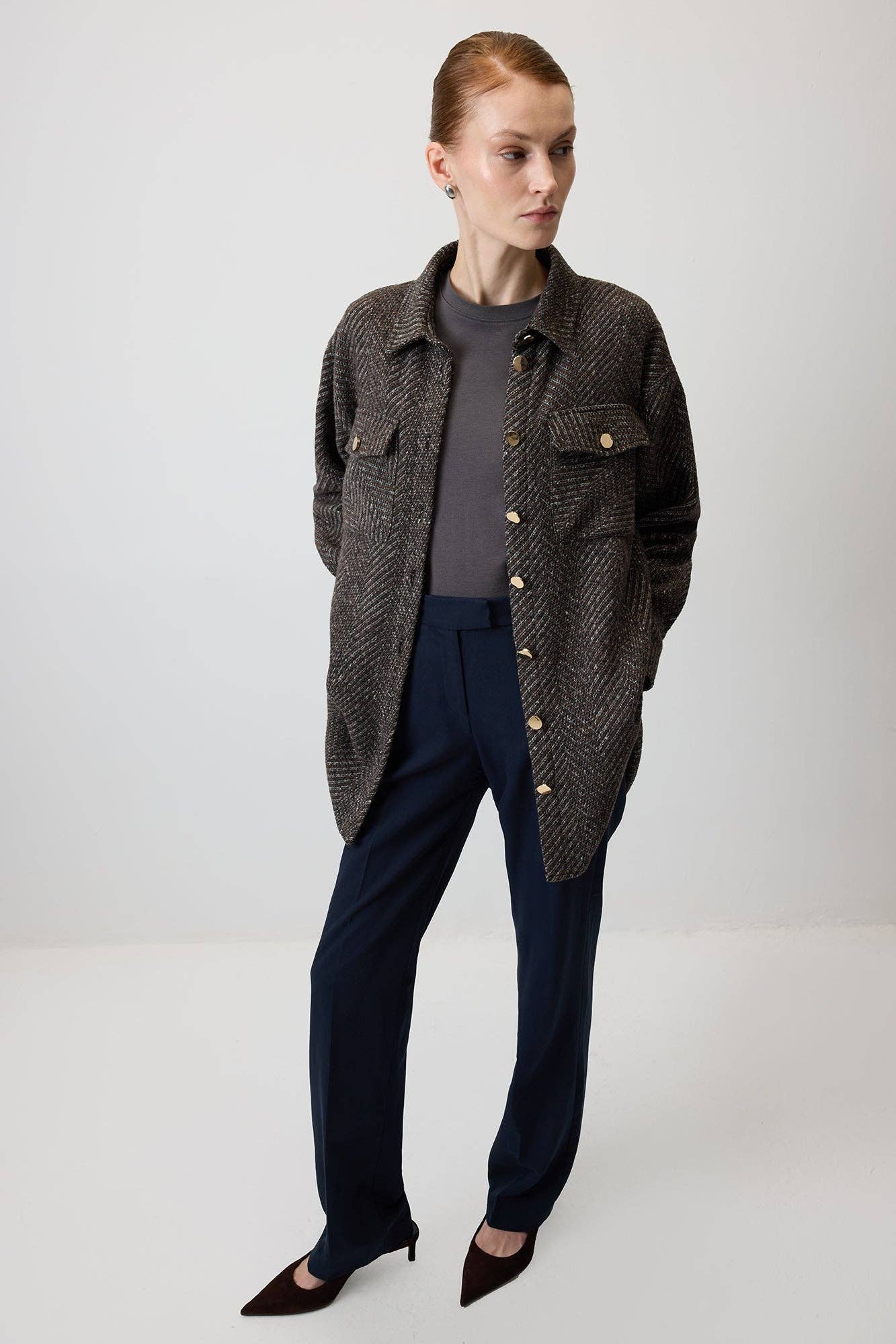 Camicia oversize a spina di pesce marrone