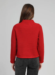 Cardigan in maglia rossa con bottoni dorati e collo alto